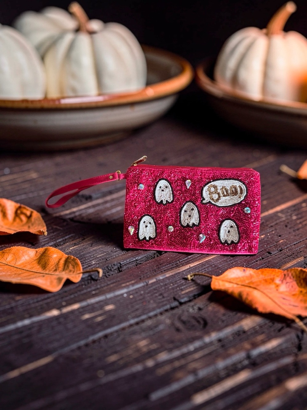Embellished Red Wristlet Pouch with Ghost Motif